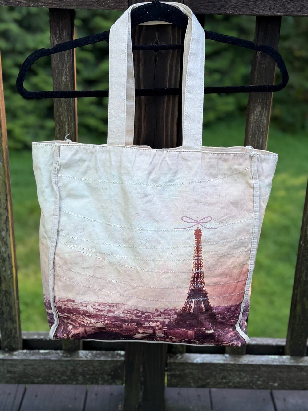 Paris Eiffel Tower Canvas Tote Bag Pink Gingham Lining
